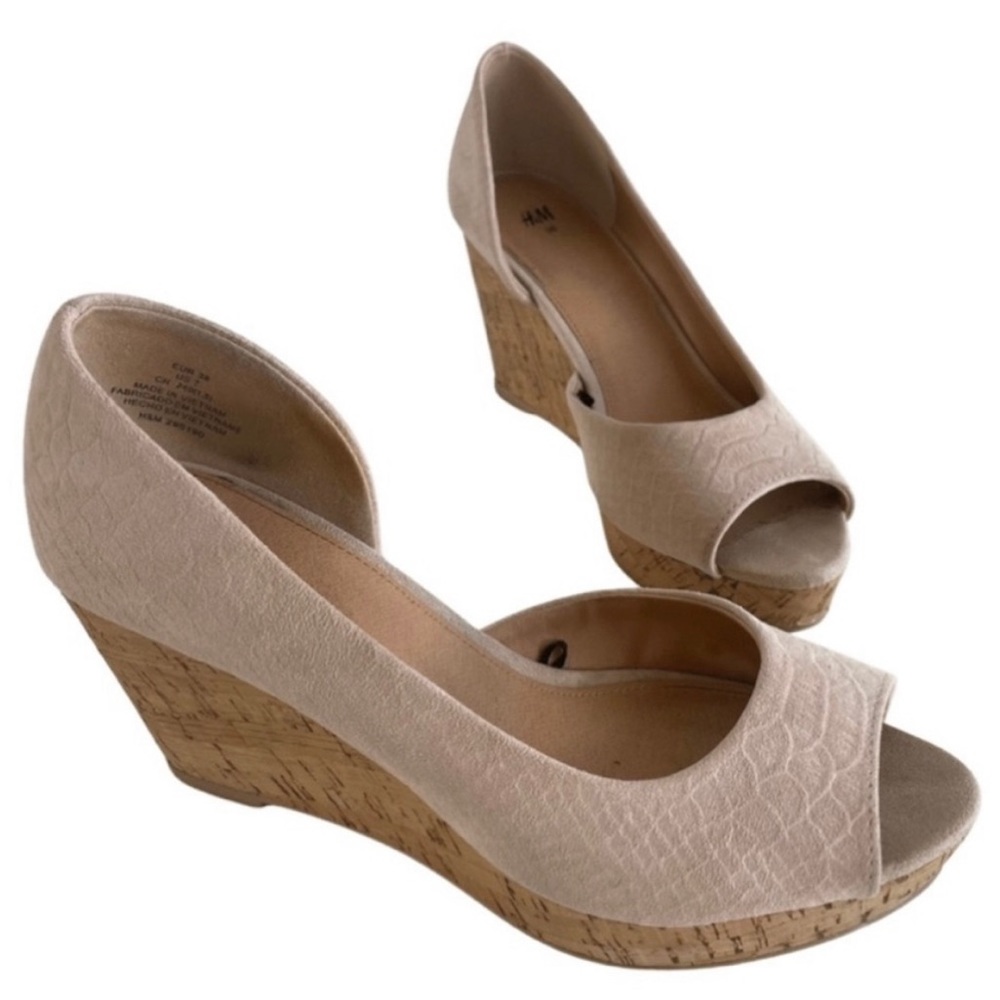 H&M Snake-Print Faux Suede Cork Platform Wedge Heel Pale Pink Women's Size 7.5